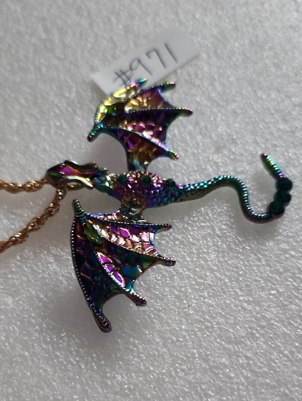 Hand Crafted Iridescent Dragon Pendant Necklace - Gold Chain - Picture 4 of 11